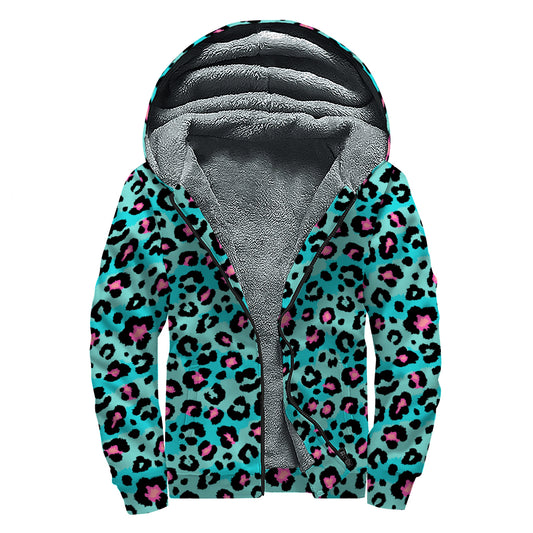 Turquoise And Pink Leopard Print Sherpa Lined Zip Up Hoodie