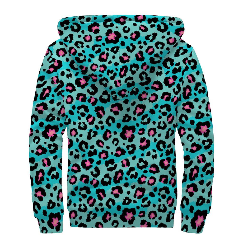 Turquoise And Pink Leopard Print Sherpa Lined Zip Up Hoodie