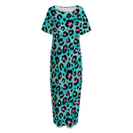 Turquoise And Pink Leopard Print Short Sleeve Long Nightdress