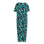 Turquoise And Pink Leopard Print Short Sleeve Long Nightdress