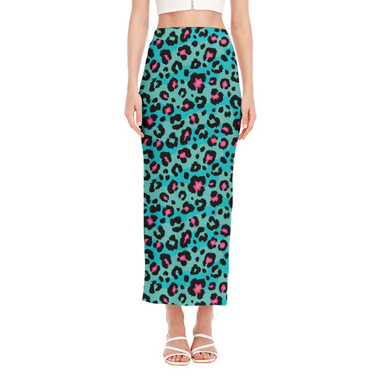 Turquoise And Pink Leopard Print Side Slit Maxi Skirt