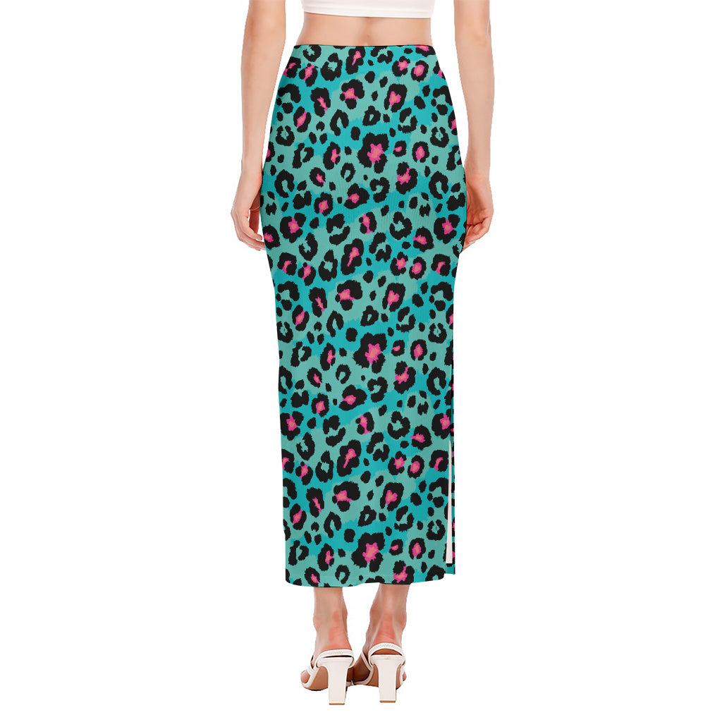 Turquoise And Pink Leopard Print Side Slit Maxi Skirt