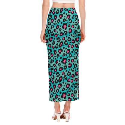 Turquoise And Pink Leopard Print Side Slit Maxi Skirt