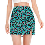 Turquoise And Pink Leopard Print Side Slit Mini Skirt