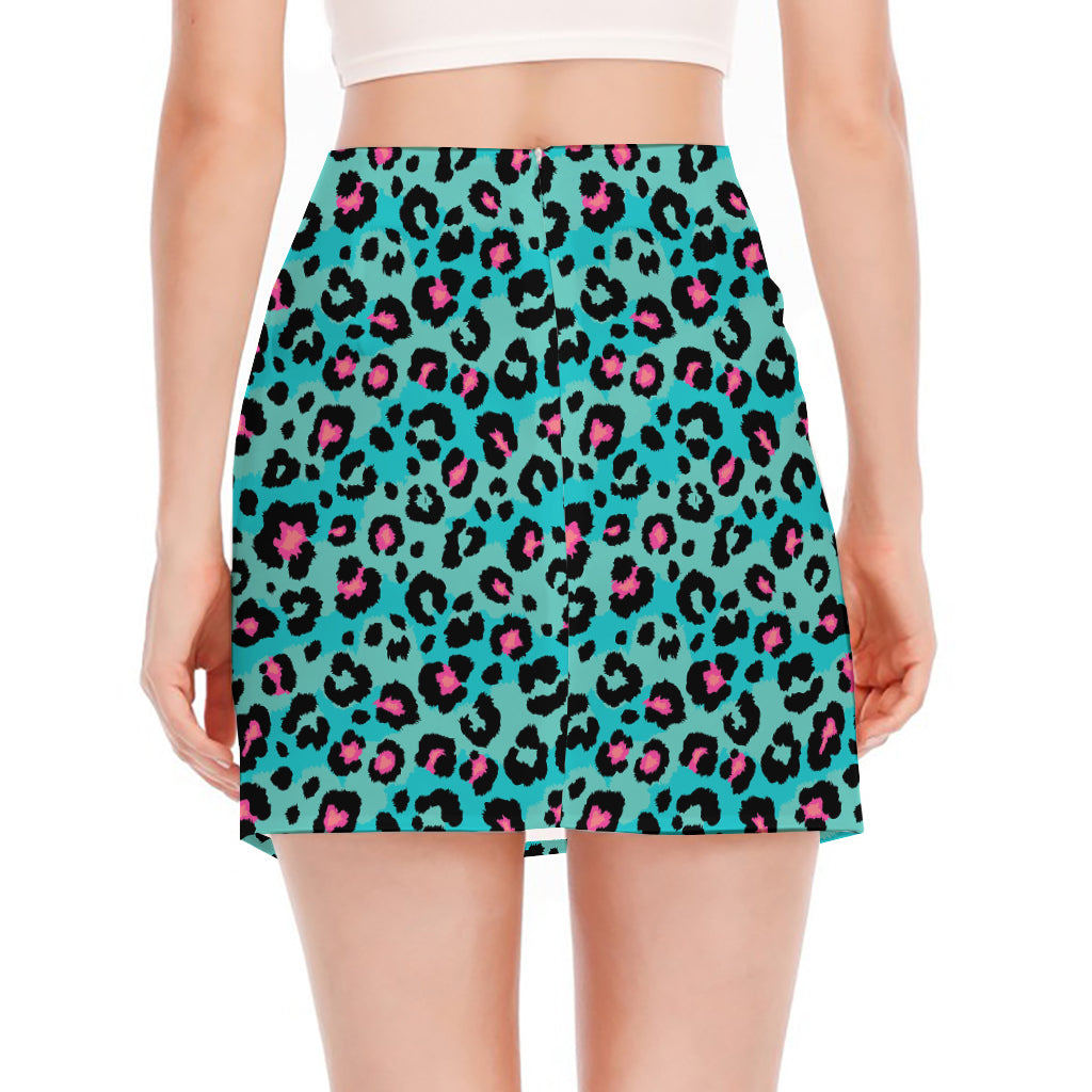 Turquoise And Pink Leopard Print Side Slit Mini Skirt