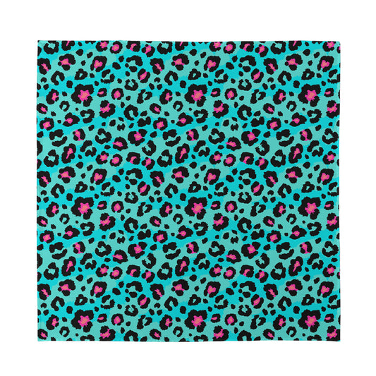Turquoise And Pink Leopard Print Silk Bandana