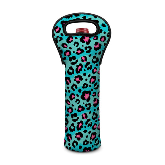 Turquoise And Pink Leopard Print Single Neoprene Wine Tote