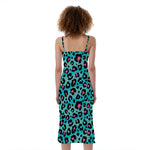 Turquoise And Pink Leopard Print Slim Fit Midi Cami Dress