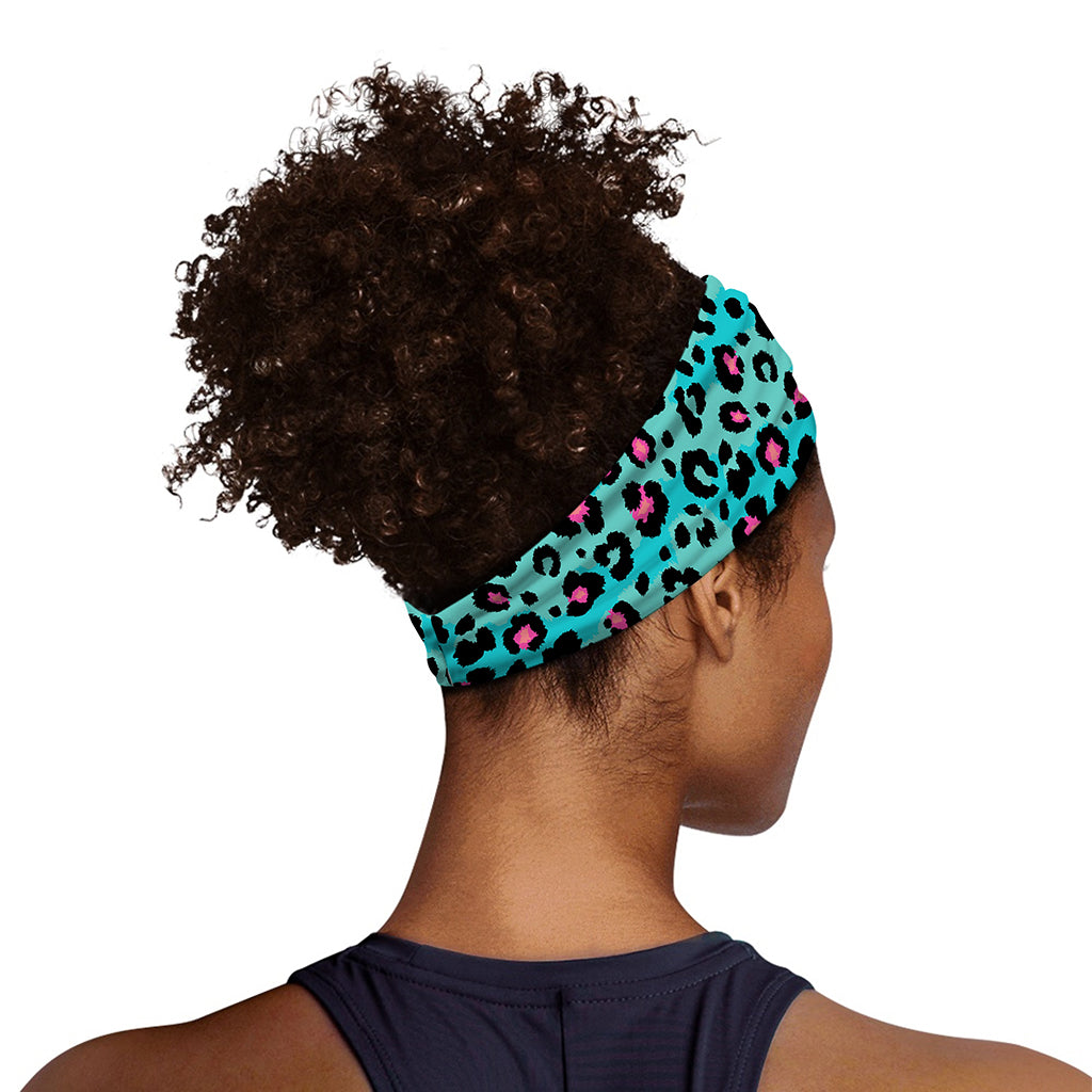Turquoise And Pink Leopard Print Sports Headband