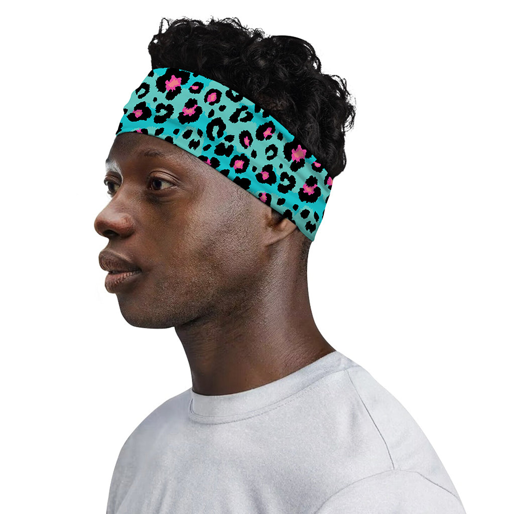 Turquoise And Pink Leopard Print Sports Headband