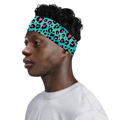 Turquoise And Pink Leopard Print Sports Headband