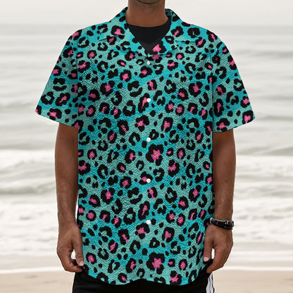 Turquoise And Pink Leopard Print Textured Short Sleeve Shirt