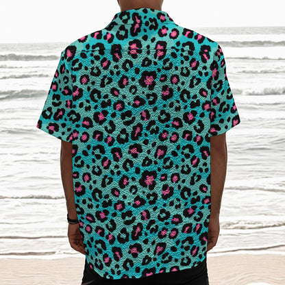 Turquoise And Pink Leopard Print Textured Short Sleeve Shirt