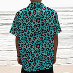 Turquoise And Pink Leopard Print Textured Short Sleeve Shirt