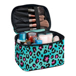 Turquoise And Pink Leopard Print Travel Makeup Bag