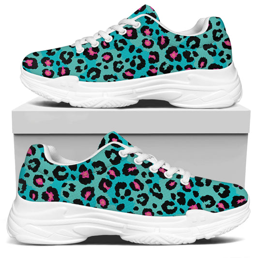 Turquoise And Pink Leopard Print White Chunky Shoes