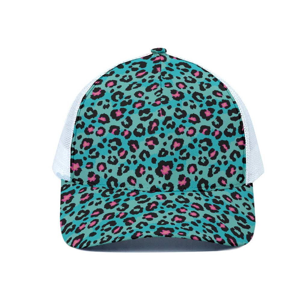 Turquoise And Pink Leopard Print White Mesh Trucker Cap