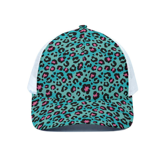 Turquoise And Pink Leopard Print White Mesh Trucker Cap