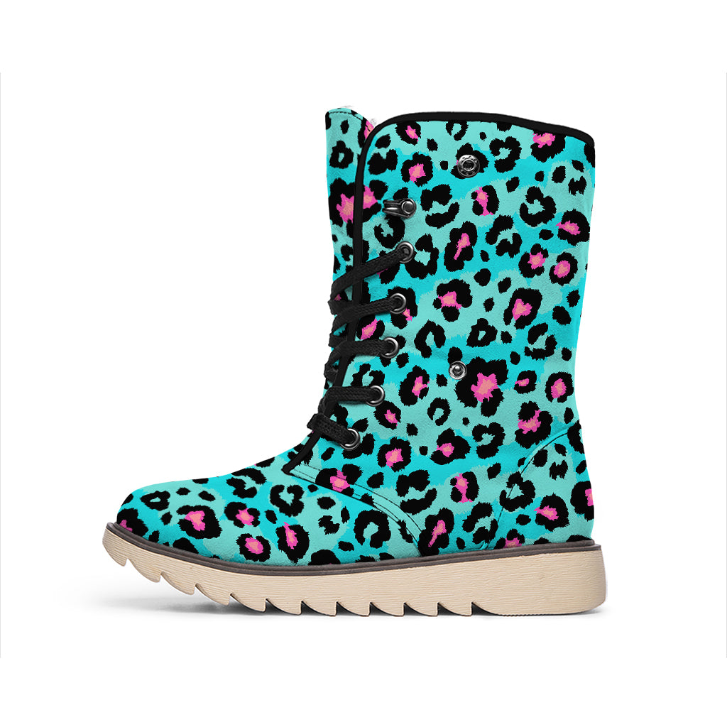 Turquoise And Pink Leopard Print Winter Boots