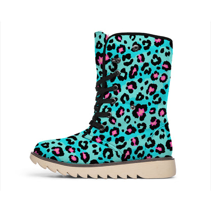 Turquoise And Pink Leopard Print Winter Boots