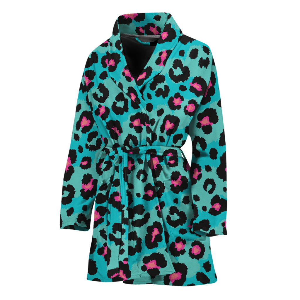 Turquoise And Pink Leopard Print Women's Bathrobe