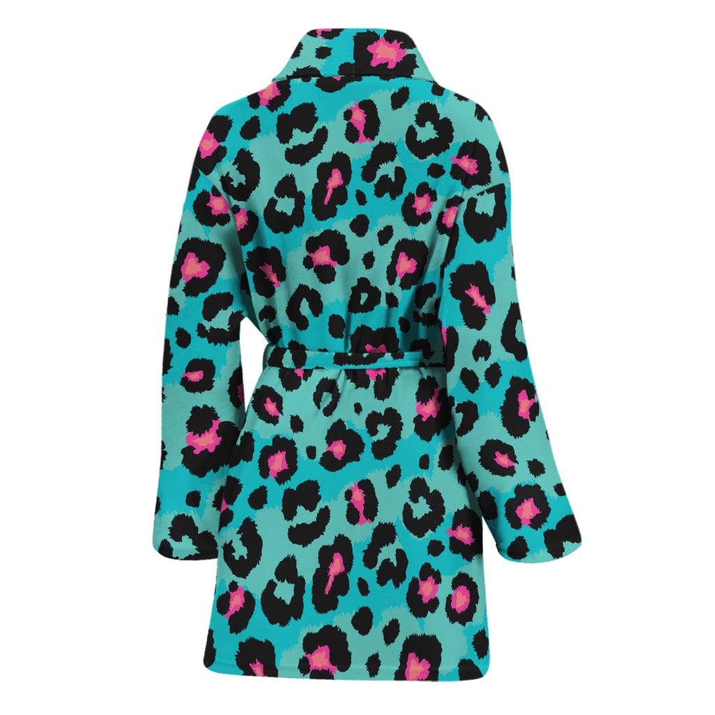 Turquoise And Pink Leopard Print Women's Bathrobe