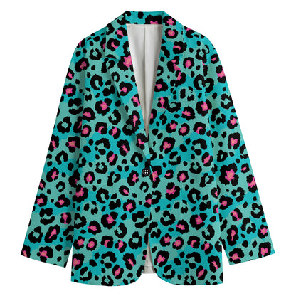 Turquoise And Pink Leopard Print Women's Blazer