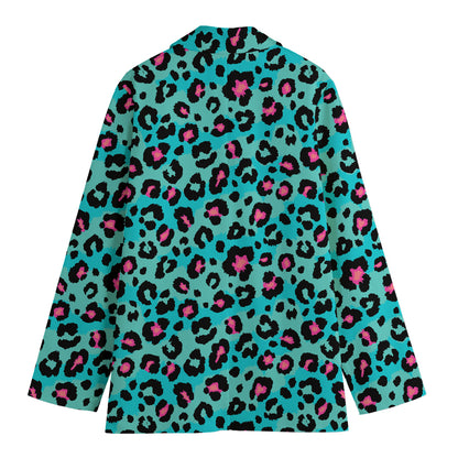 Turquoise And Pink Leopard Print Women's Blazer