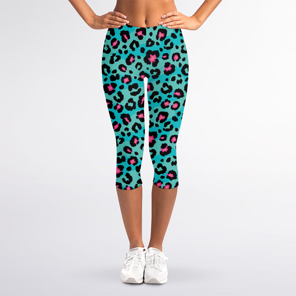 Turquoise And Pink Leopard Print Women's Capri Leggings