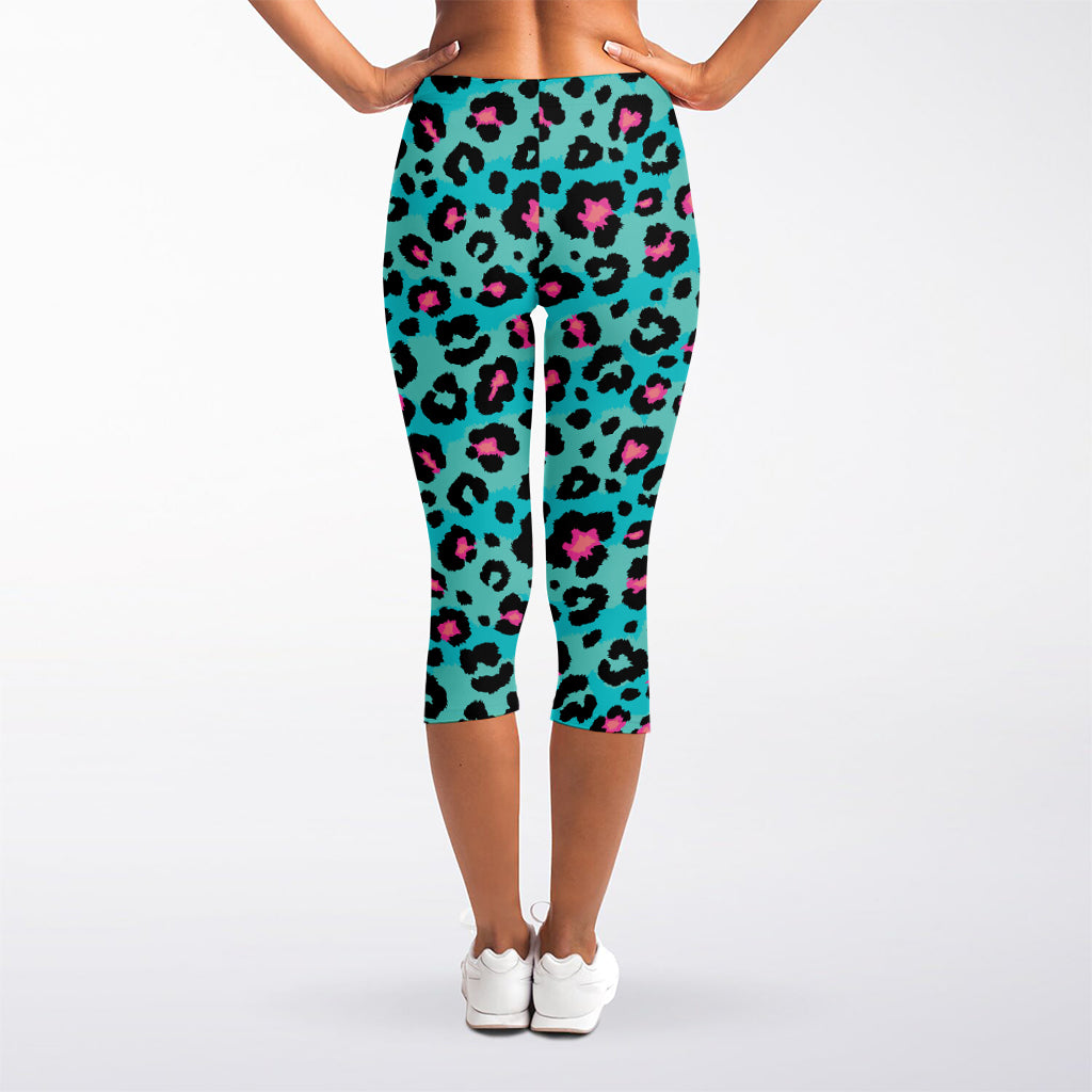 Turquoise And Pink Leopard Print Women's Capri Leggings