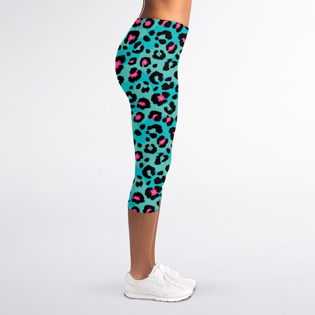 Turquoise And Pink Leopard Print Women's Capri Leggings