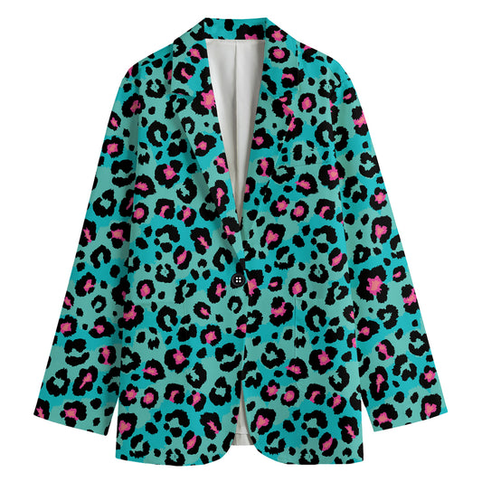 Turquoise And Pink Leopard Print Women's Cotton Blazer