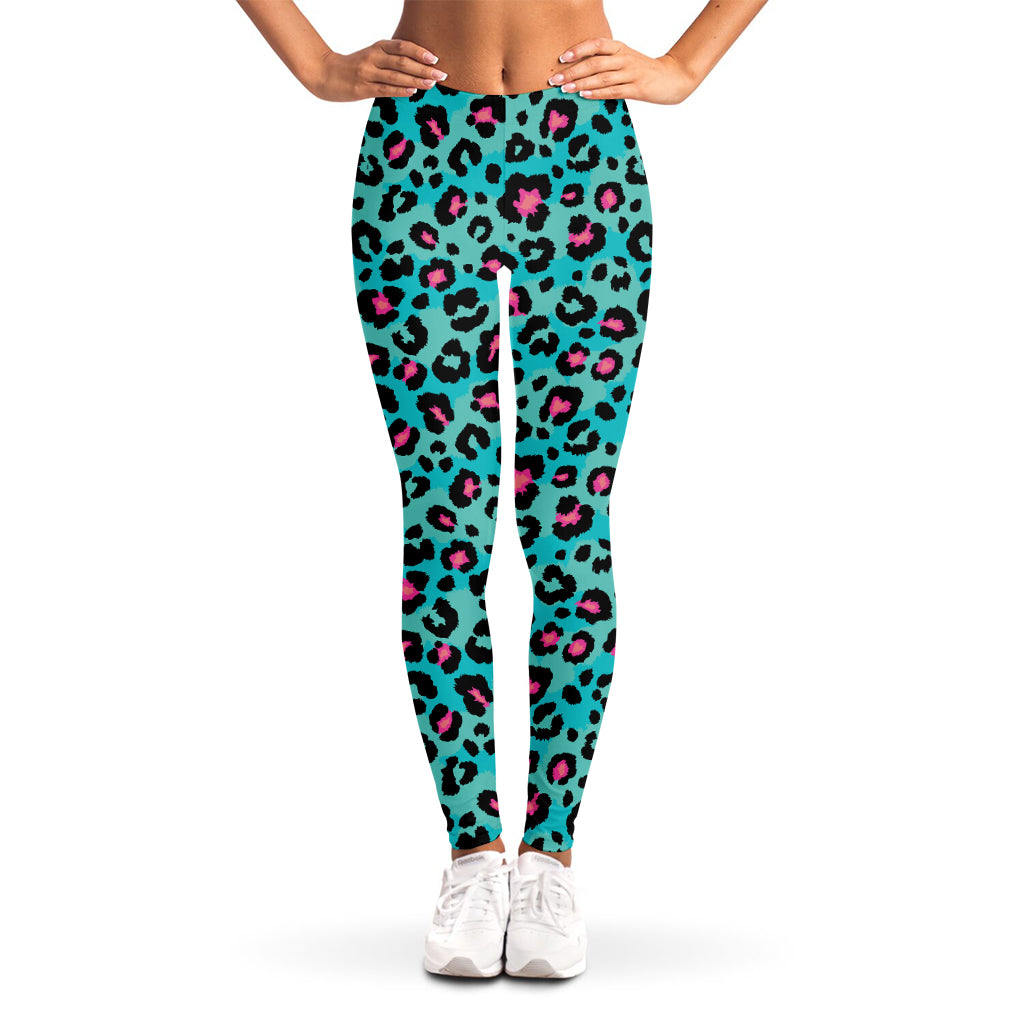Turquoise And Pink Leopard Print Women's Leggings