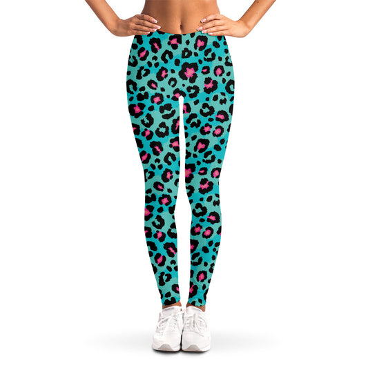 Turquoise And Pink Leopard Print Women's Leggings
