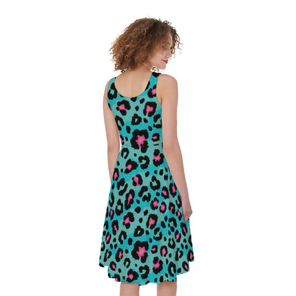 Turquoise And Pink Leopard Print Women's Sleeveless Dress