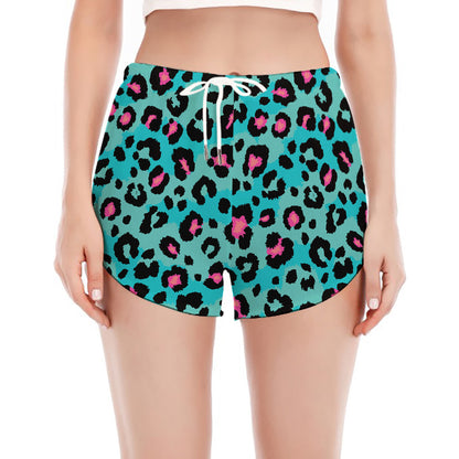 Turquoise And Pink Leopard Print Women's Split Running Shorts