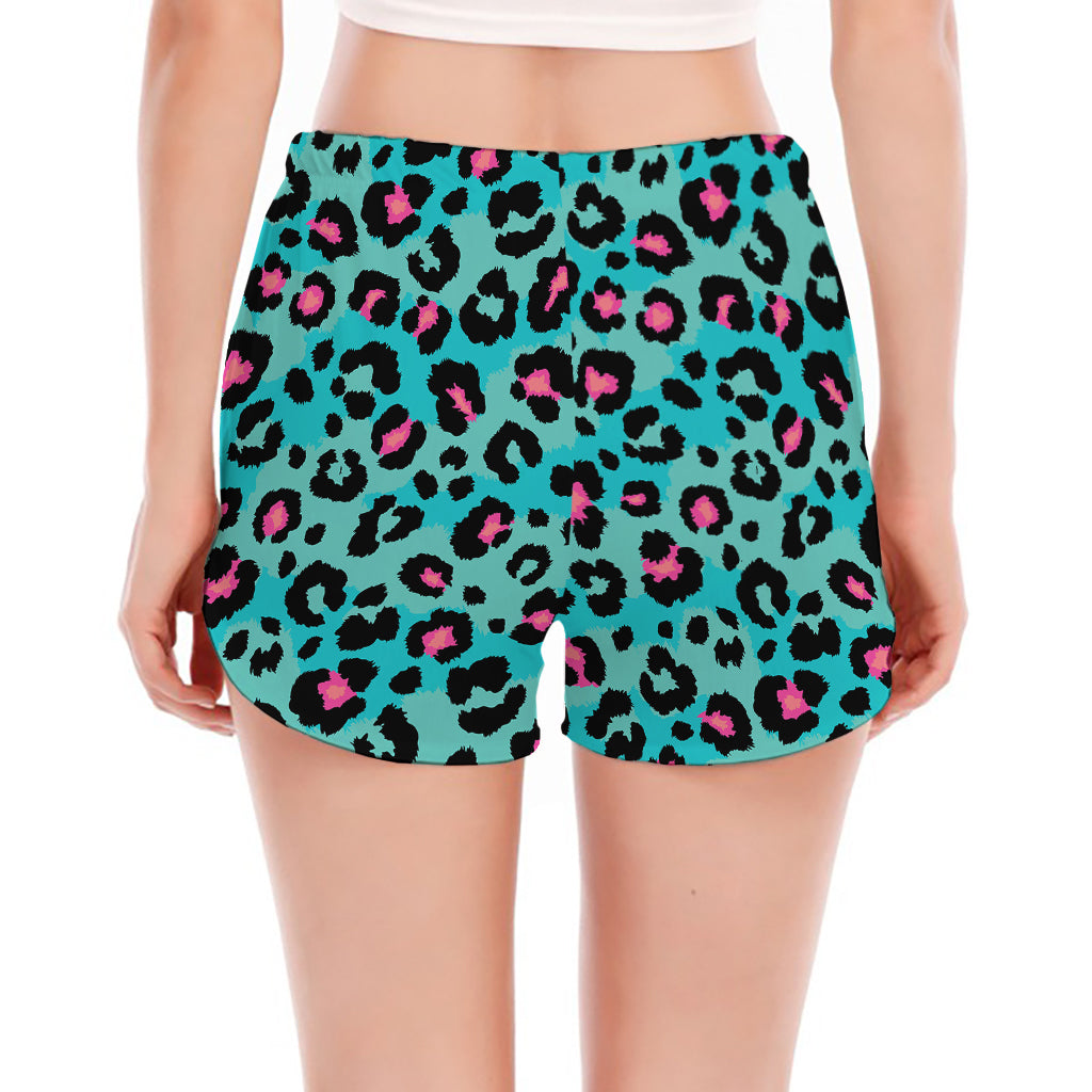 Turquoise And Pink Leopard Print Women's Split Running Shorts