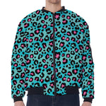 Turquoise And Pink Leopard Print Zip Sleeve Bomber Jacket