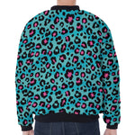 Turquoise And Pink Leopard Print Zip Sleeve Bomber Jacket