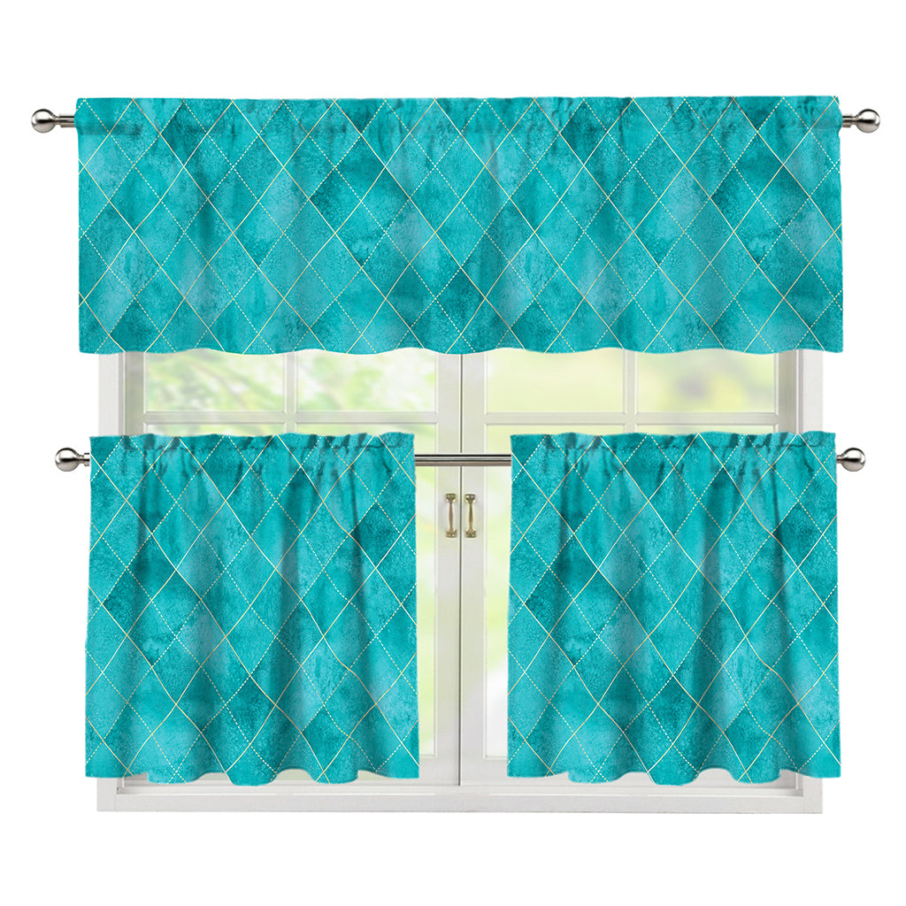 Turquoise Argyle Pattern Print 3 Piece Kitchen Curtains