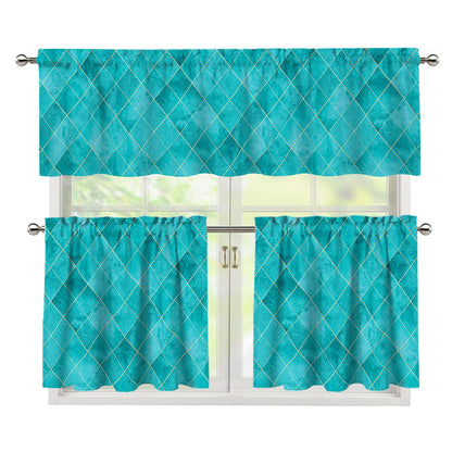 Turquoise Argyle Pattern Print 3 Piece Kitchen Curtains