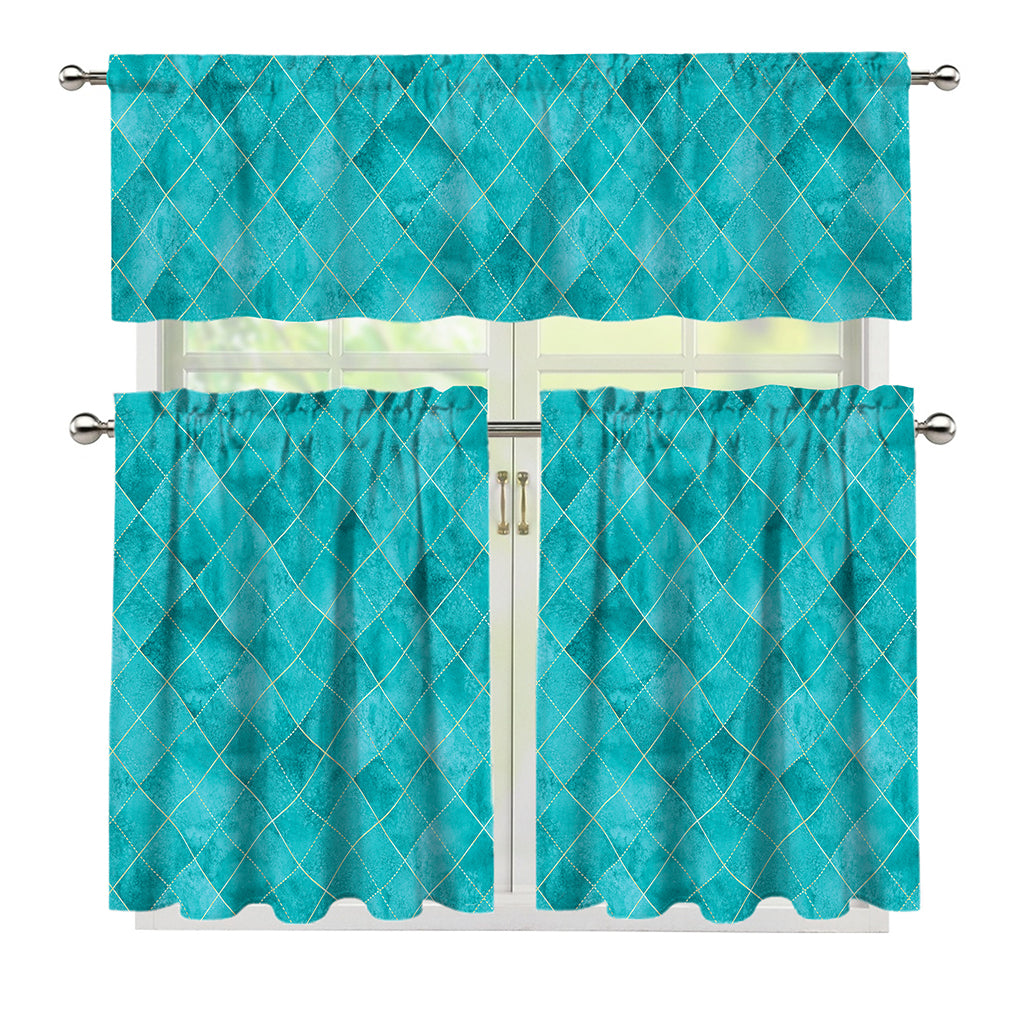 Turquoise Argyle Pattern Print 3 Piece Kitchen Curtains