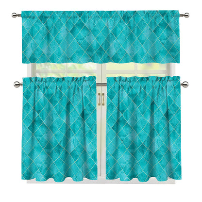 Turquoise Argyle Pattern Print 3 Piece Kitchen Curtains
