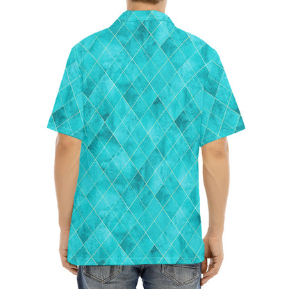 Turquoise Argyle Pattern Print Aloha Shirt