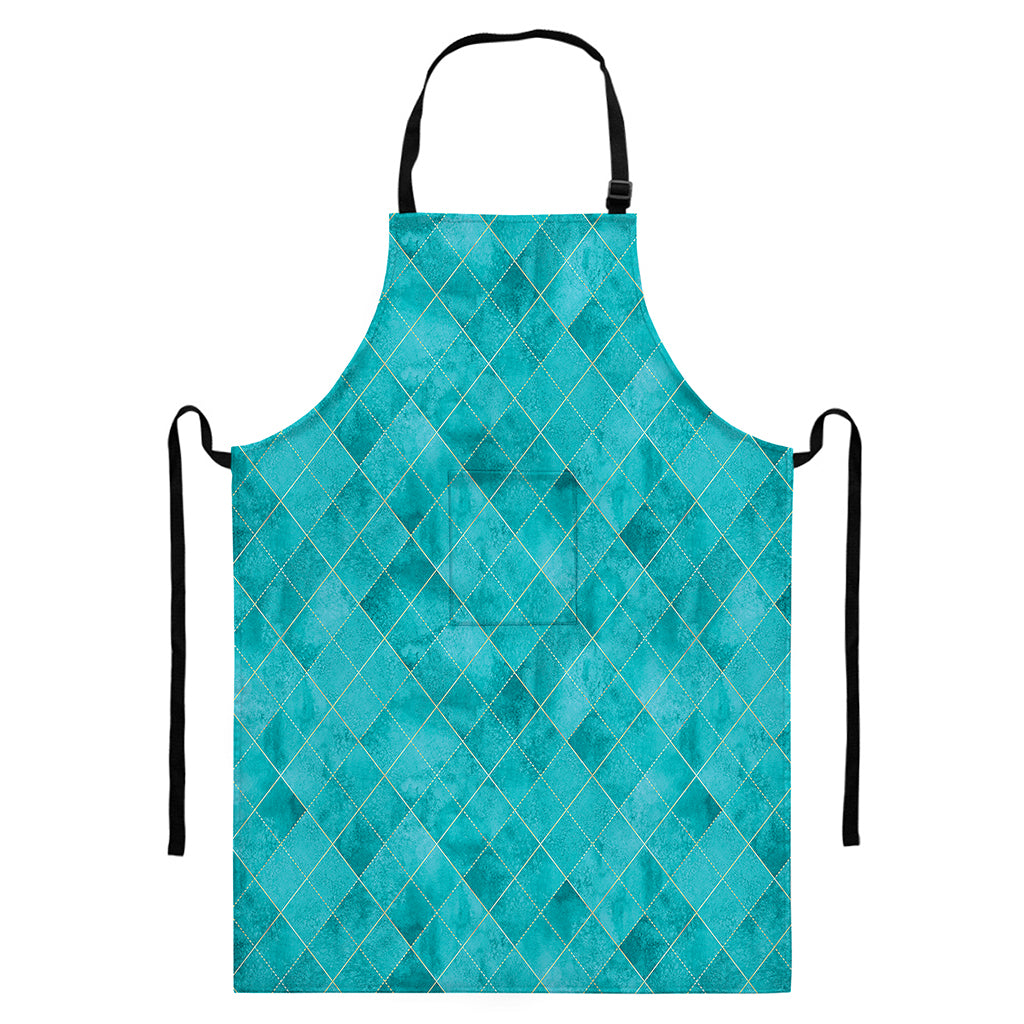 Turquoise Argyle Pattern Print Bib Apron With Pocket