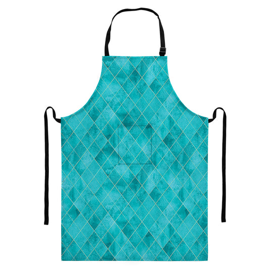 Turquoise Argyle Pattern Print Bib Apron With Pocket
