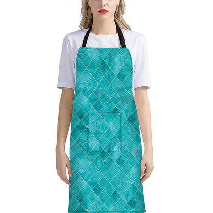 Turquoise Argyle Pattern Print Bib Apron With Pocket