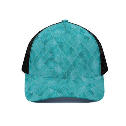 Turquoise Argyle Pattern Print Black Mesh Trucker Cap
