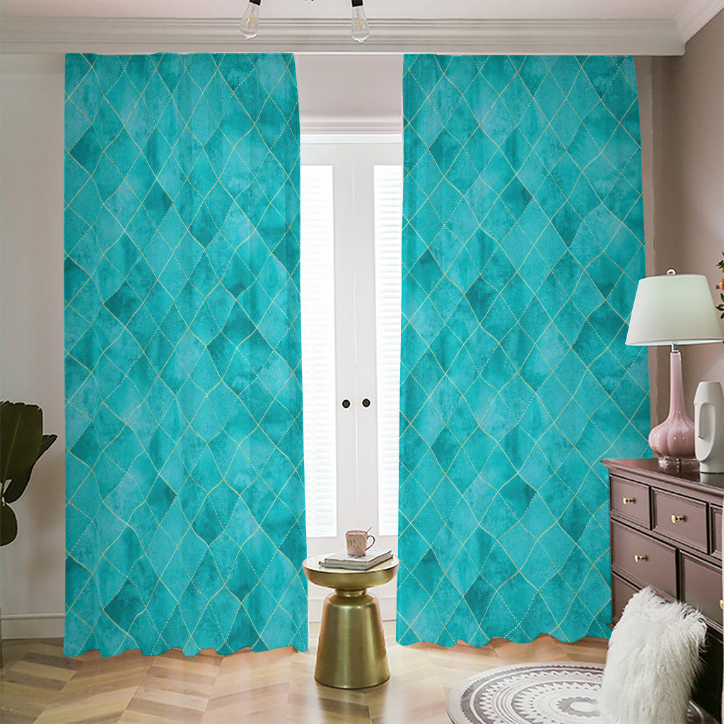 Turquoise Argyle Pattern Print Blackout Pencil Pleat Curtains