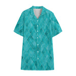 Turquoise Argyle Pattern Print Cotton Hawaiian Shirt